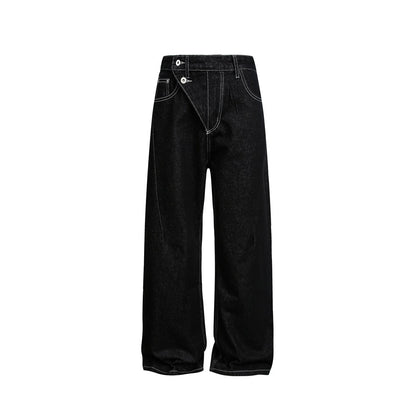 Women's High-Waist wide Denim pants with asymmetric button placket and contrast stitching EVA-US