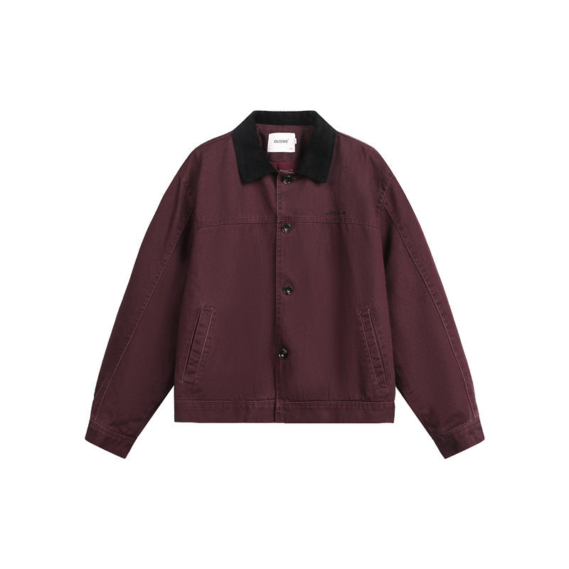 Unisex Short Cut Boxy Denim Jacket with Corduroy Collar and Side Pockets EVA-US
