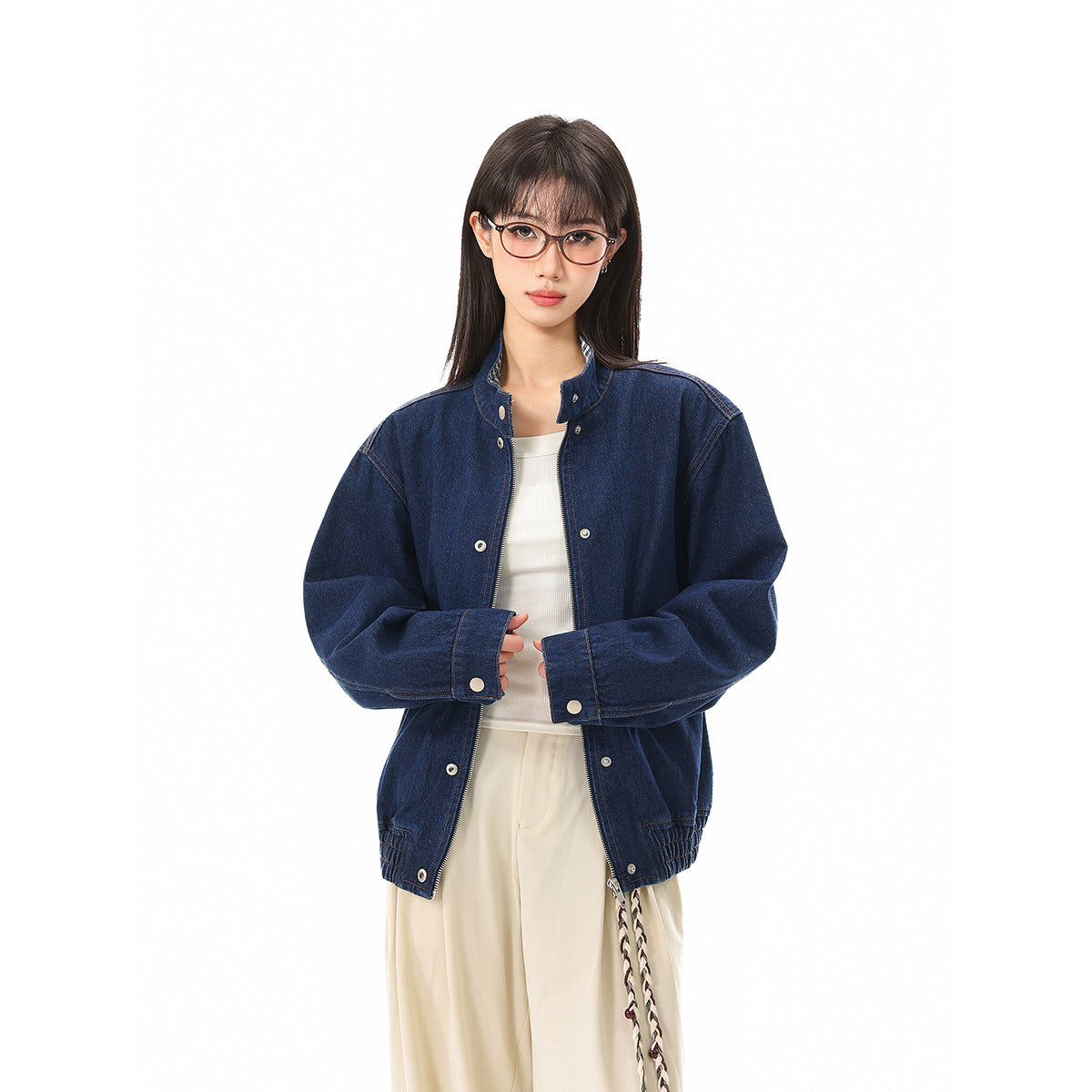 Unisex Boxy Denim Jacket with Check Lining, Stand-Up Collar and Flap Pockets EVA-US