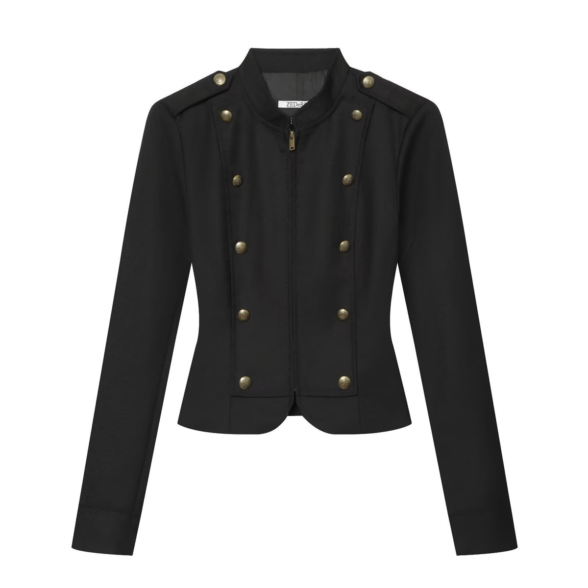 Women's Tailored Short Jacket in Military Style with Stand-Up Collar and Decorative Buttons EVA-US