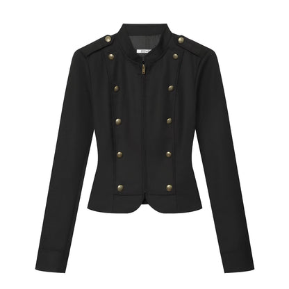 Women's Tailored Short Jacket in Military Style with Stand-Up Collar and Decorative Buttons EVA-US