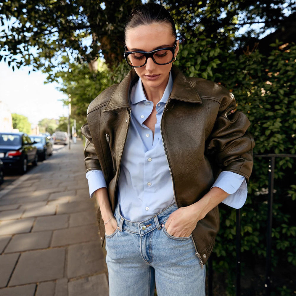 Women Oversized Leather Imitation Flight Jacket with Teddy Inner Side, Visible Seam Details & Elastic Hem