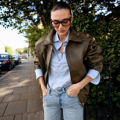 Women Oversized Leather Imitation Flight Jacket with Teddy Inner Side, Visible Seam Details & Elastic Hem