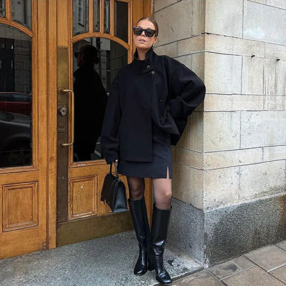 Women's 9800+ short boxy wool blend jacket with high funnel collar, asymmetrical button placket and adjustable cuffs EVA-US