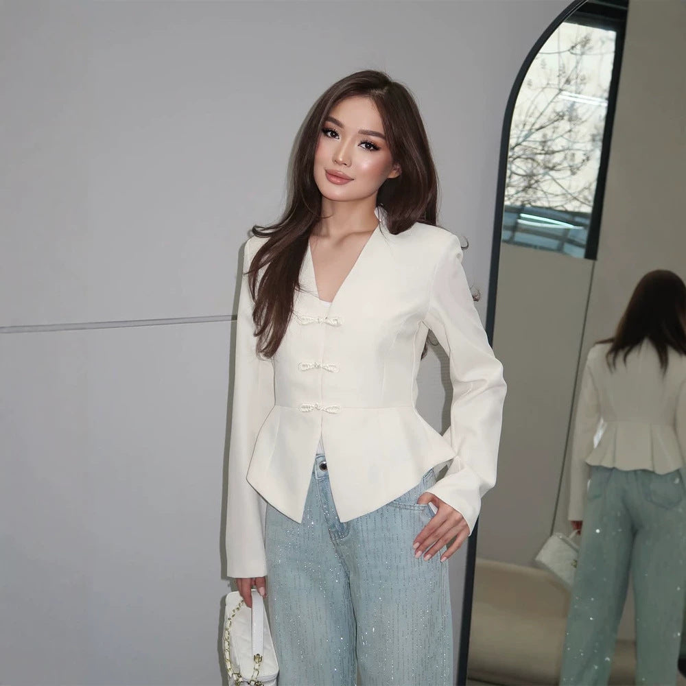 Women's peplum blazer with mandarin-like neckline and decorative knot fastenings EVA-US