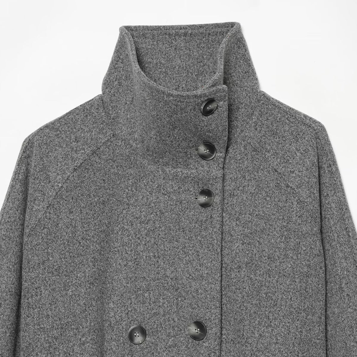 Women's cape transitional jacket in a short cut with a high collar, double button placket, and waist tie belt EVA-US