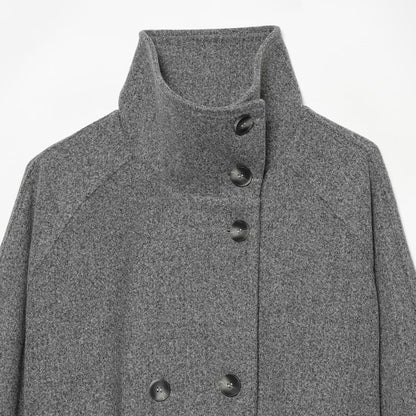 Women's cape transitional jacket in a short cut with a high collar, double button placket, and waist tie belt EVA-US