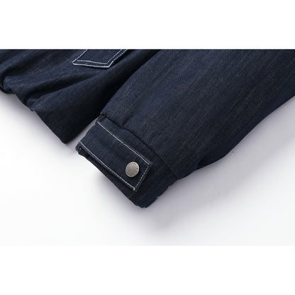 Men's Boxy Denim Blouson with high stand-up collar, visible contrast stitching and elastic hem.