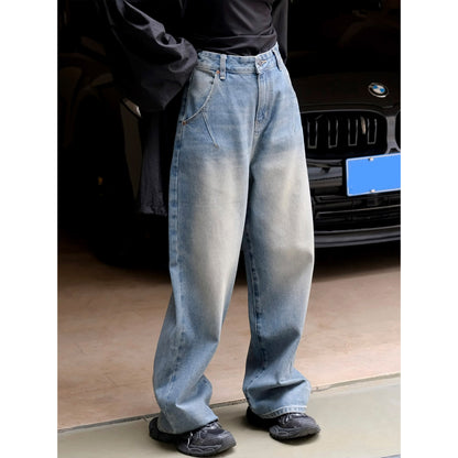 Women's Wide High-Waist Denim Baggy Pants with Vintage Fade and Diagonal Pocket Detail EVA-US