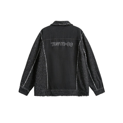 Unisex Oversized Denim Jacket with Mélange Boucle Sleeve and Frayed Edge EVA-US