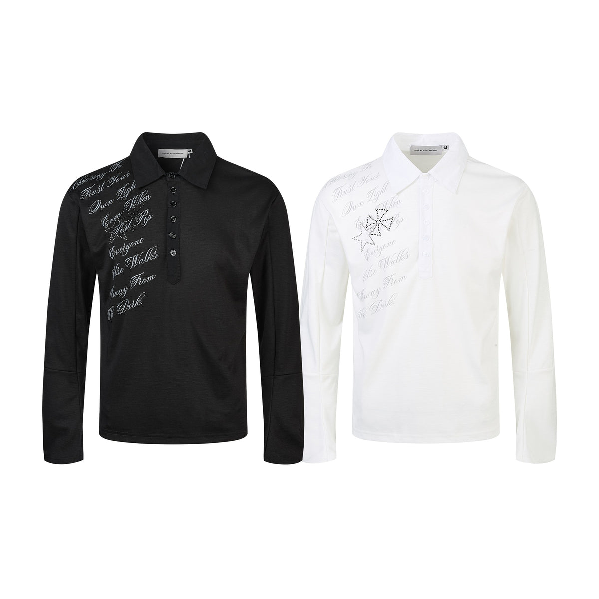 Women’s polo shirt-long sleeve shirt with shirt collar, text print and rhinestone application EVA-US