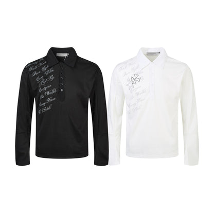Women’s polo shirt-long sleeve shirt with shirt collar, text print and rhinestone application EVA-US