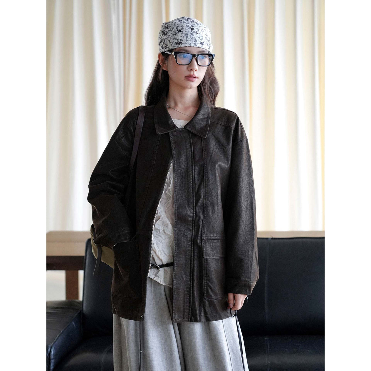 Women's Oversize Faux Leather Coat with Zipper and Patch Pockets EVA-US