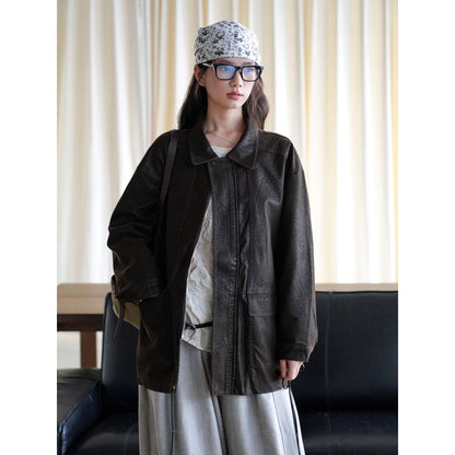 Women's Oversize Faux Leather Coat with Zipper and Patch Pockets EVA-US