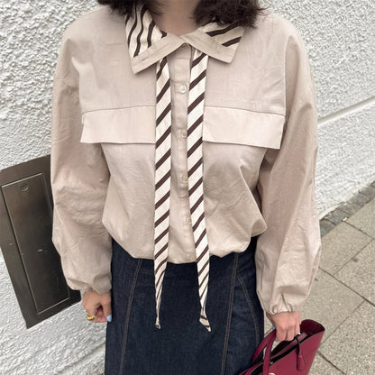Women’s blouse with bow collar, dropped shoulder section and voluminous balloon sleeves EVA-US