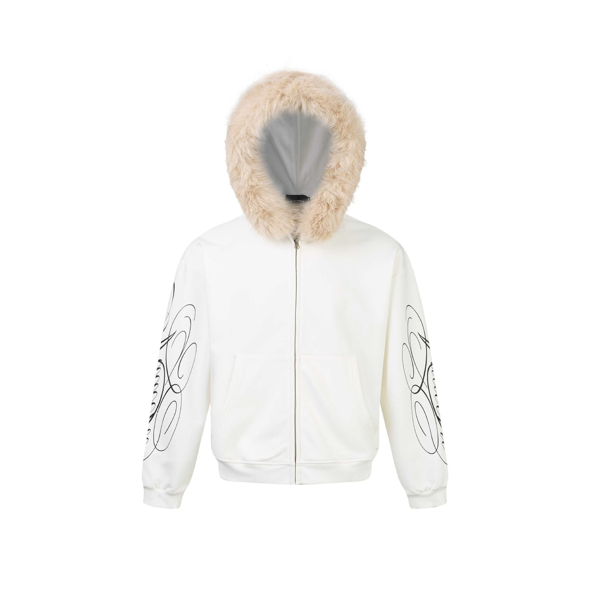 Unisex Oversize Hoodie Jacket made of cotton blend with removable faux fur trim and graphic sleeve prints EVA-US