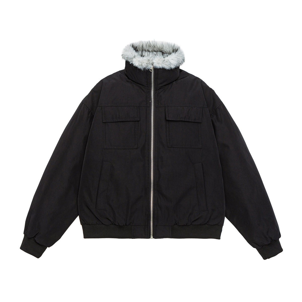 Men's Quilted Short Bomber Jacket with Removable Faux Fur Hood and Patch Front Pockets EVA-US