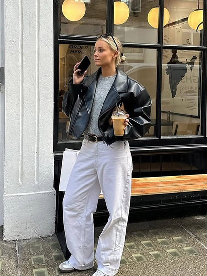 Women's Cropped Boxy Biker Jacket made of Faux Leather with Distinctive Shoulder Area and Boxy Silhouette EVA-US