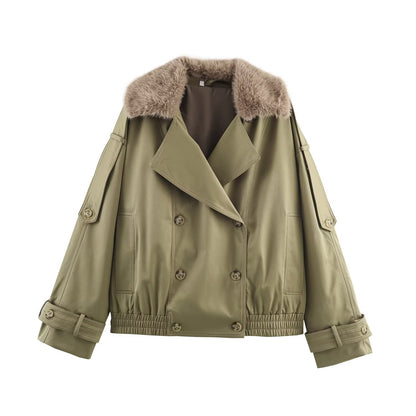 Women's short jacket in blouson trench style with detachable faux fur collar EVA-US