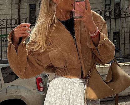 Women's Short Suede Bomber with Elastic Waist and Dropped Shoulder EVA-US