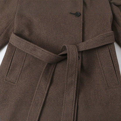Women's wool coat with stand-up collar, tie belt and asymmetric button placket EVA-US