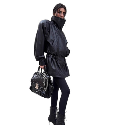 Women Oversize Faux Leather Parka with High Stand-Up Collar and Adjustable Drawstring Hood