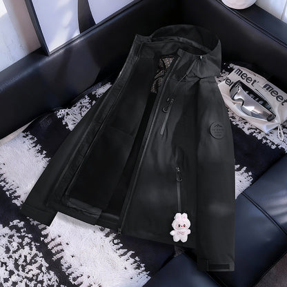 Women Lightweight Waterproof Hooded Jacket with Teddy Charm and Concealed Zipper Pockets EVA-US