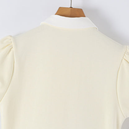 Women Fitted Shirt Dress with Puff Sleeves and Pleated Skirt EVA-US