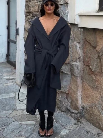 Women’s Oversize Wrap Coat with Wide Shawl Collar and Tying Belt EVA-US