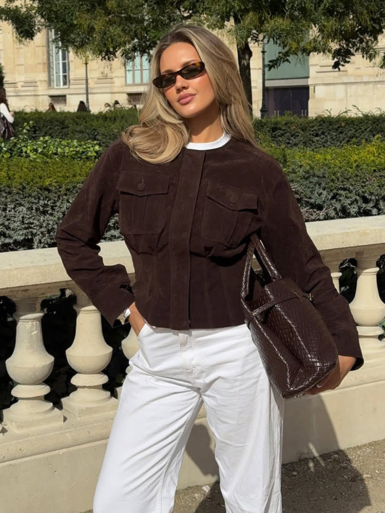 Women's short jacket made of suede in shirt jacket style with attached breast pockets EVA-US