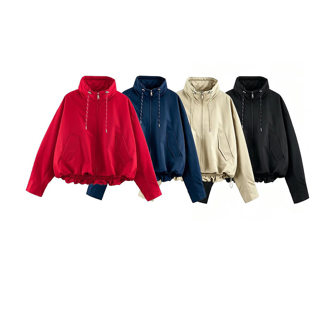 Women's Cropped Oversize Windbreaker with high funnel collar, drawstring and gathered elastic waistband EVA-US