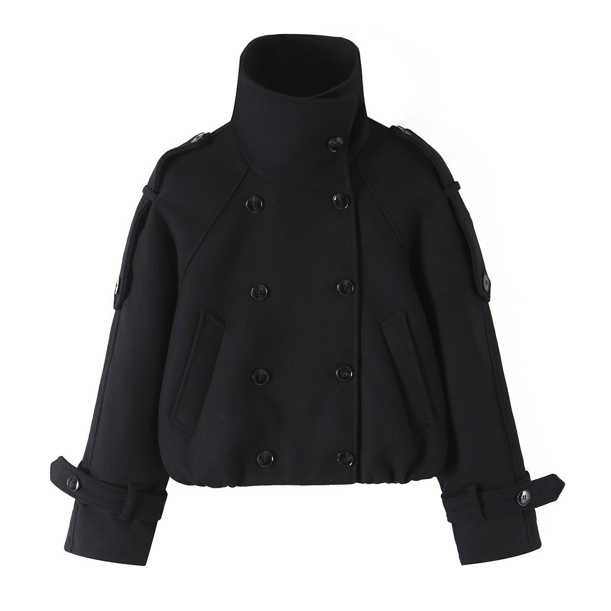 Women's Short Double-Breasted Peacoat with High Standing Collar and Shoulder Straps EVA-US