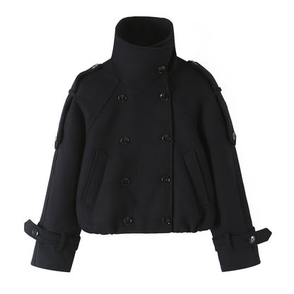 Women's Short Double-Breasted Peacoat with High Standing Collar and Shoulder Straps EVA-US