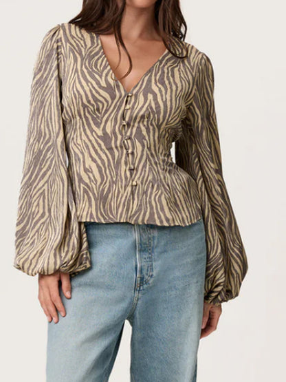 Women’s jacquard lace blouse with tailored peplum and balloon sleeves EVA-US