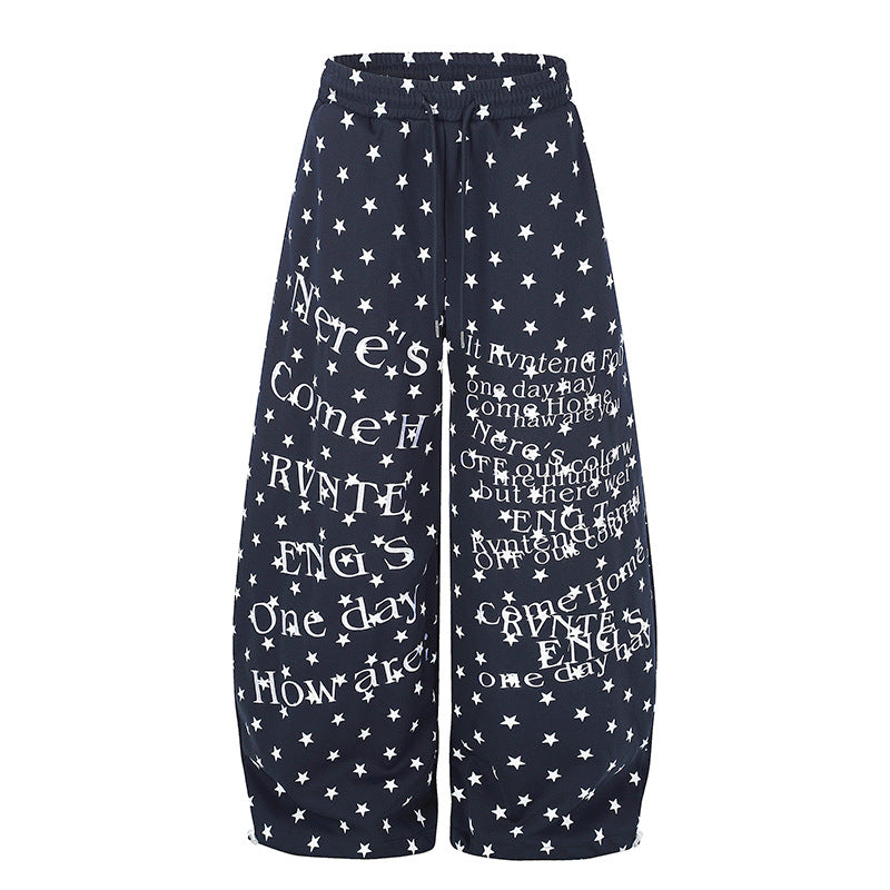 Women's Wide Palazzo Lounge Pants with Allover Stars, Drawstring Waistband and Typographic Print EVA-US