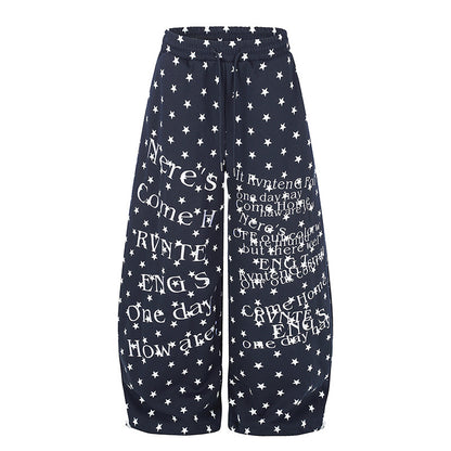 Women's Wide Palazzo Lounge Pants with Allover Stars, Drawstring Waistband and Typographic Print EVA-US