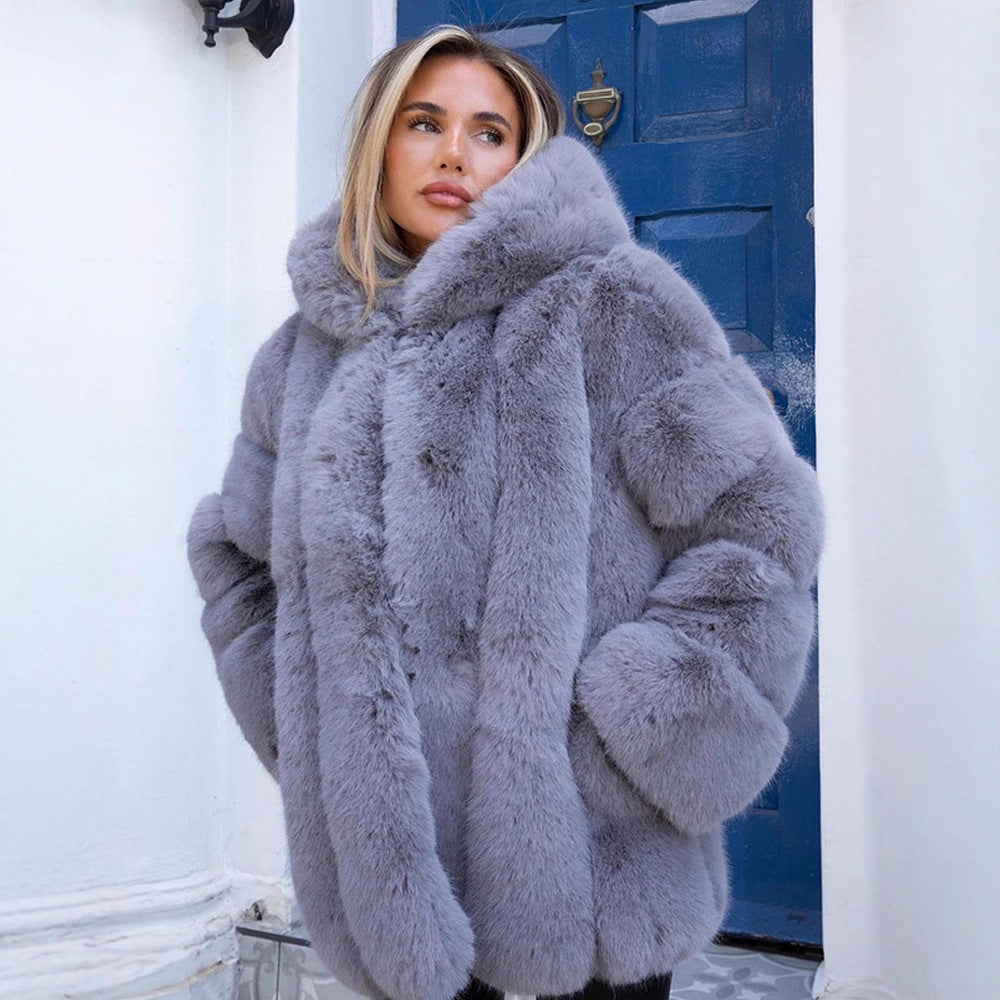 Ladies short coat made of faux fur with voluminous panels and shawl collar EVA-US