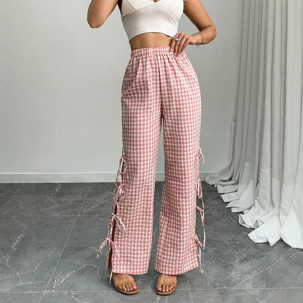 Women High-Waist Linen-Look Pants with Gingham Check, Wide Leg & Side Tie Details EVA-US