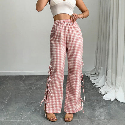 Women High-Waist Linen-Look Pants with Gingham Check, Wide Leg & Side Tie Details EVA-US