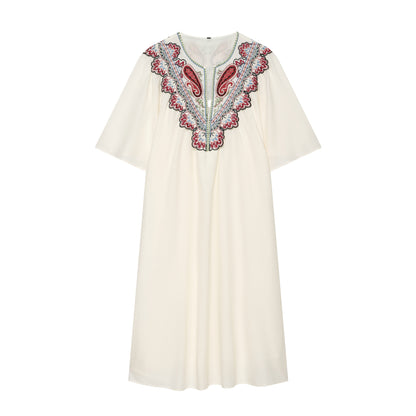 Women's Embroidered Kaftan Dress with V-Neck and Wide Batwing Sleeves EVA-US