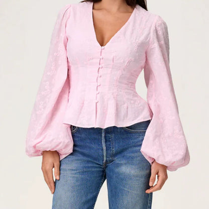 Women’s jacquard lace blouse with tailored peplum and balloon sleeves EVA-US