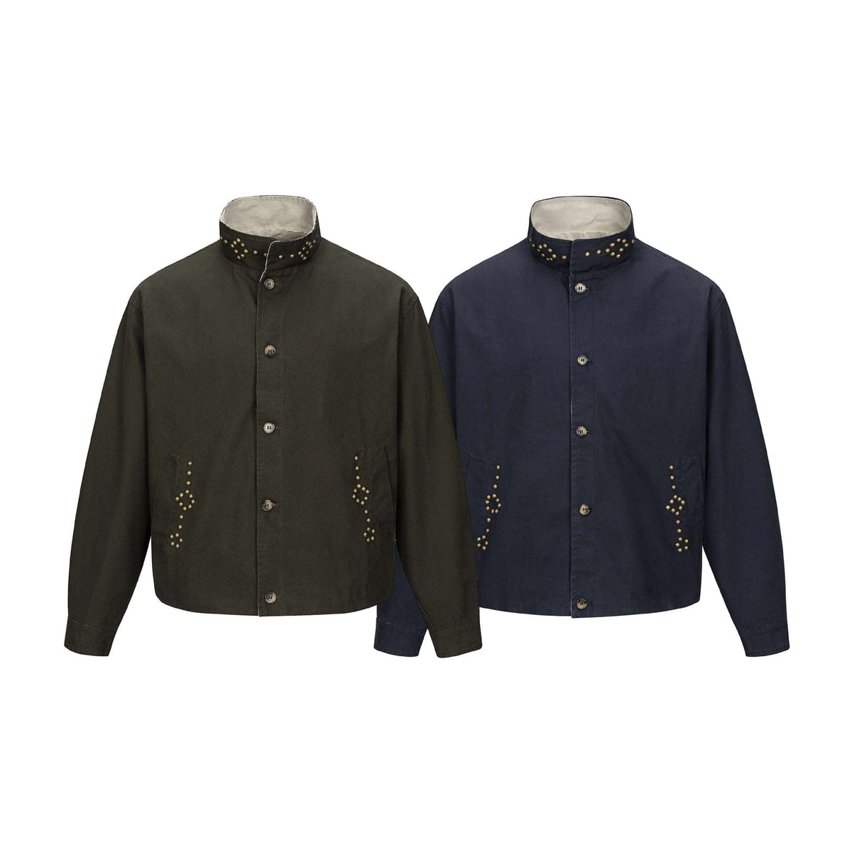 Unisex Short Blouson Jacket with High-Collar Studded Neck and Utility Pockets EVA-US