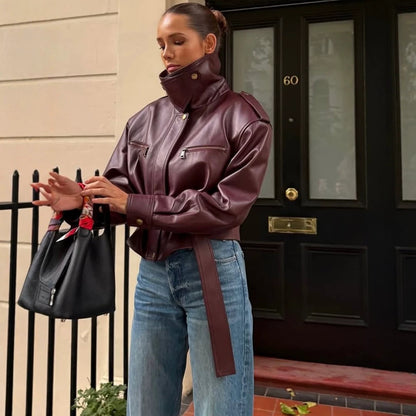 Women's tailored faux leather bomber jacket with high stand-up collar and tie belt EVA-US