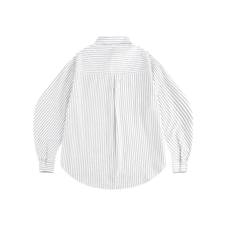 Women Oversize Shirt Blouse with fine pinstripe, balloon sleeves, and rounded hem