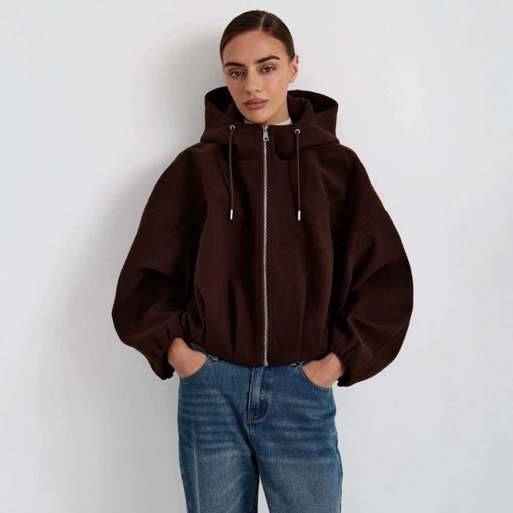 Women’s short jacket made of wool blend with hood, boxy silhouette & gathered hem EVA-US