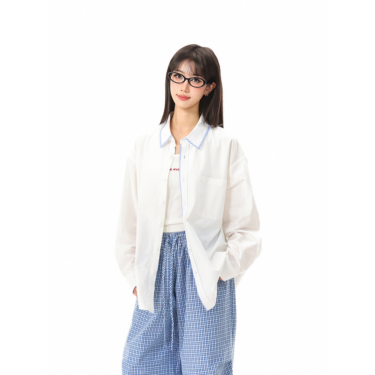 Women's Oversized Shirt Blouse with Contrasting Collar Piping and Chest Pocket EVA-US