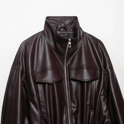 Women's Oversized Faux Leather Bomber Jacket with Funnel Neck, Drawstring Waist, and Flap Pockets EVA-US