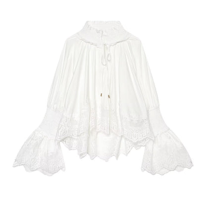 Ladies Romantic Blouse with Smocking Collar, Bell Sleeves and Lace Trim