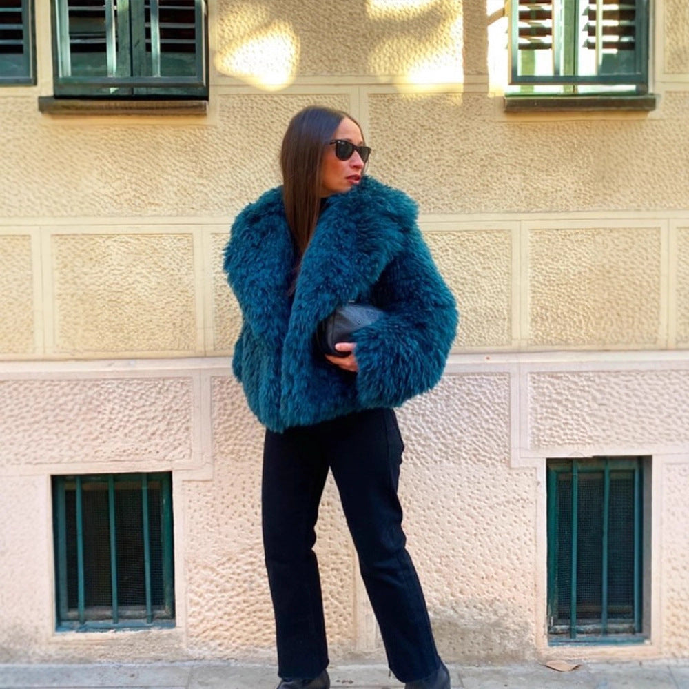 Women's Short Textured Faux Fur Coat with Voluminous Shawl Collar EVA-US