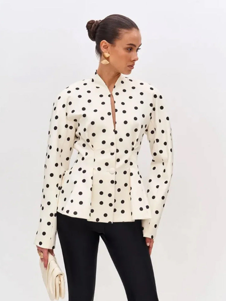Women Polka Dot Tailored Peplum Blouse with Stand-Up Collar and Concealed Button Placket EVA-US